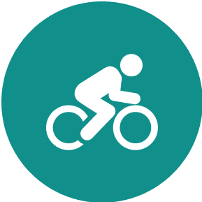 Bicycle icon on green circular background.