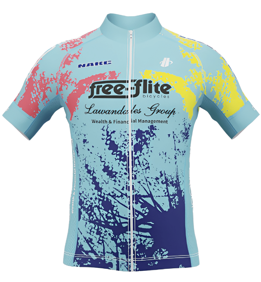 Colorful cycling jersey with abstract splash design.